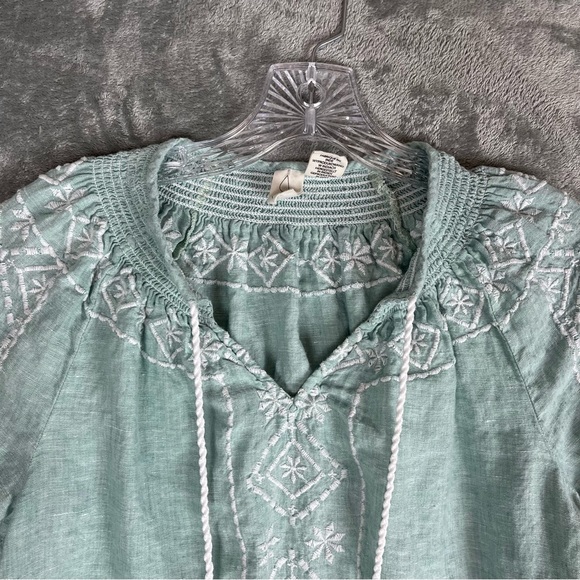 Joie Light Blue 100% Linen Embroidered Peasant Blouse Top Small Lagenlook Tassel - Picture 2 of 14